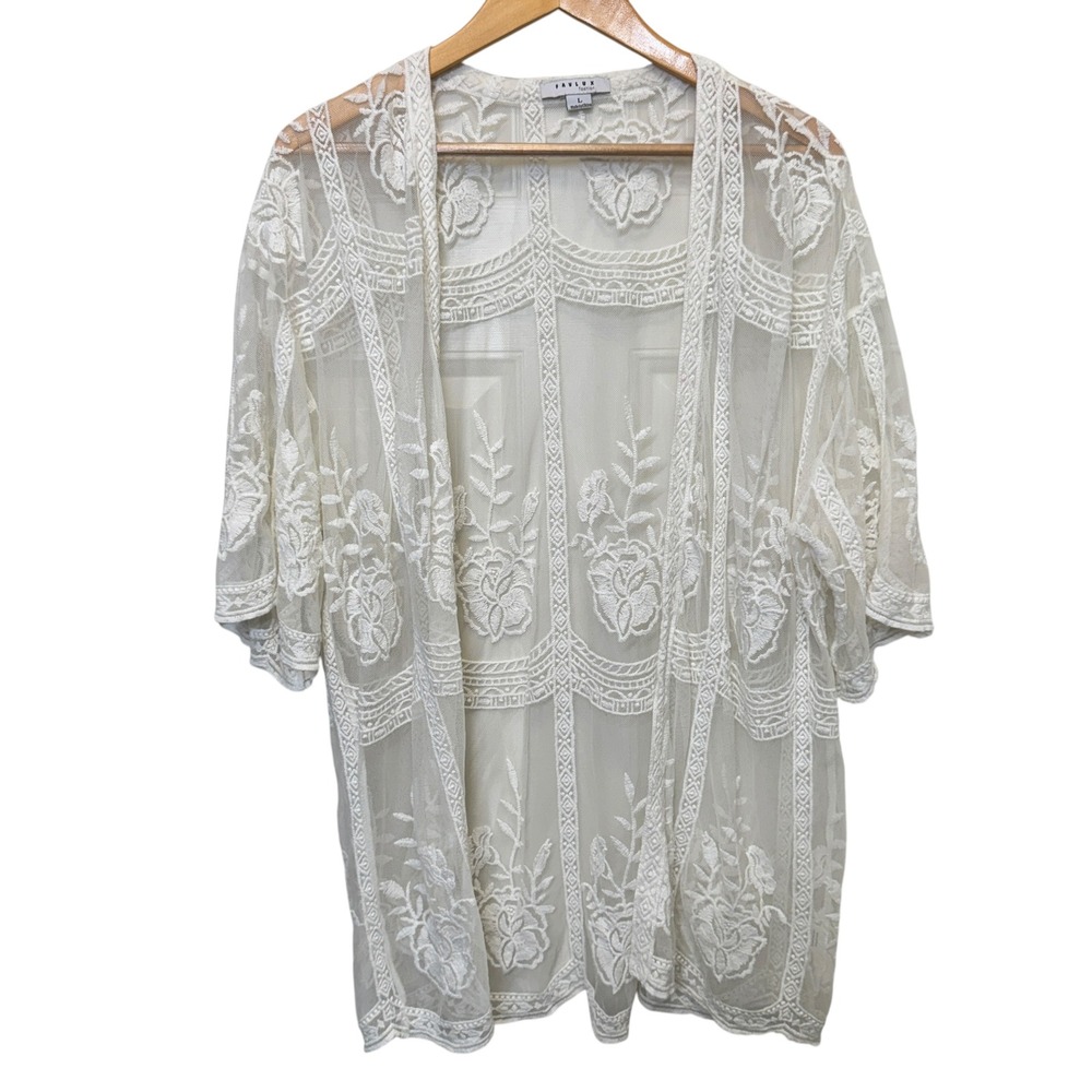 Favlux Womens Kimono Size L White Floral Embroidered Lace Sheer Boho Ethereal